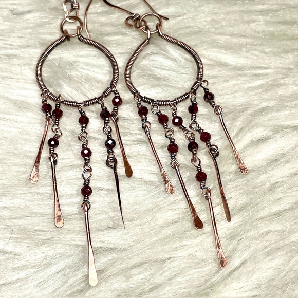 Hand Crafted Copper Red Garnet Crystal Beaded Dangle Chandelier Earrings - Picture 14 of 17